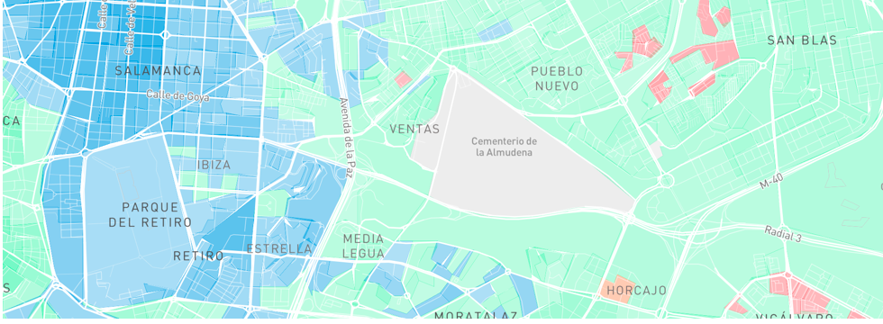 En gris, sección censal cerca de Ventas (Madrid) en la que aparece por error como ganador el partido Por Un Mundo Más Justo.