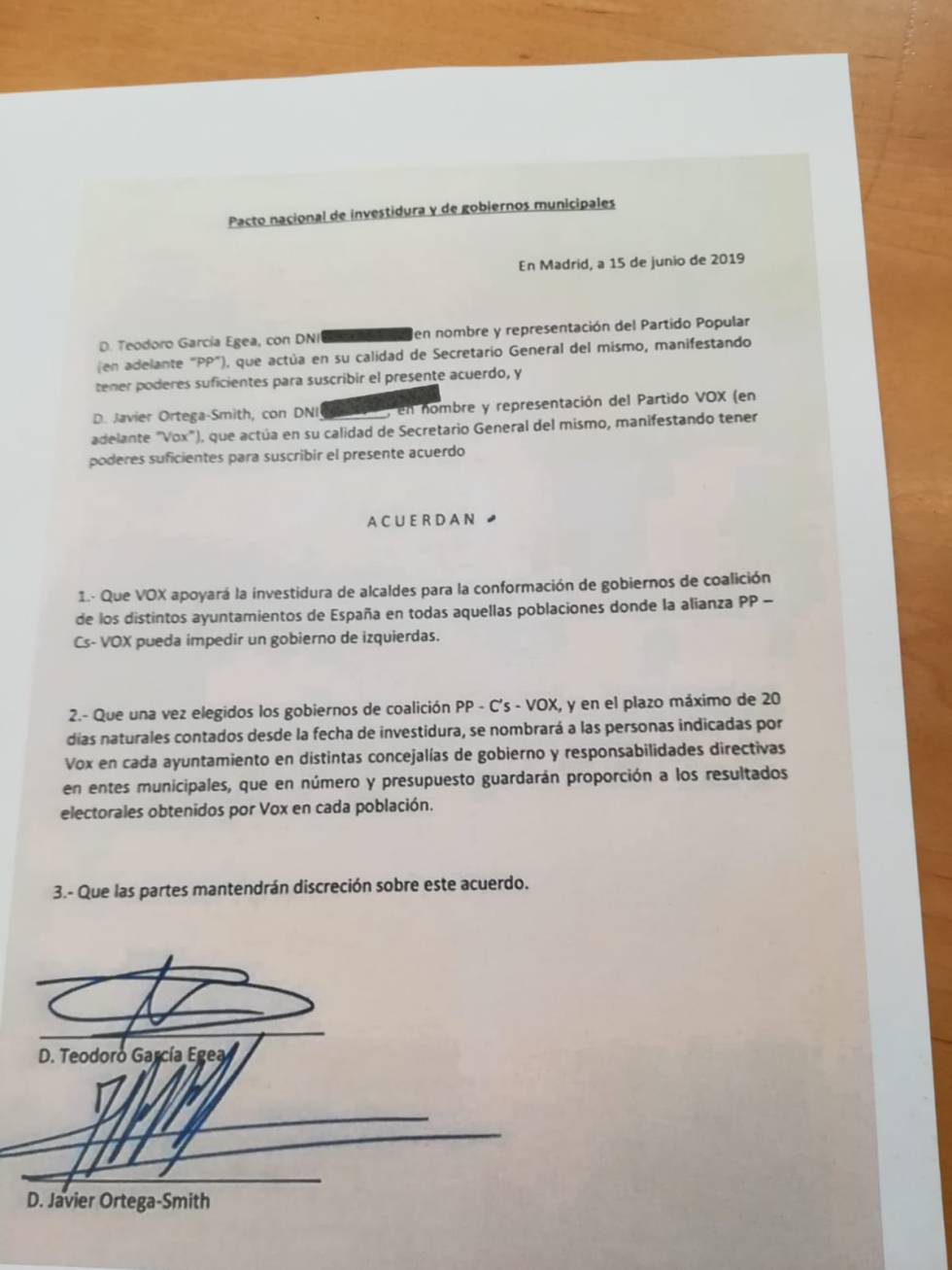Este es el pacto secreto al que llegaron PP y Vox en los Ayuntamientos