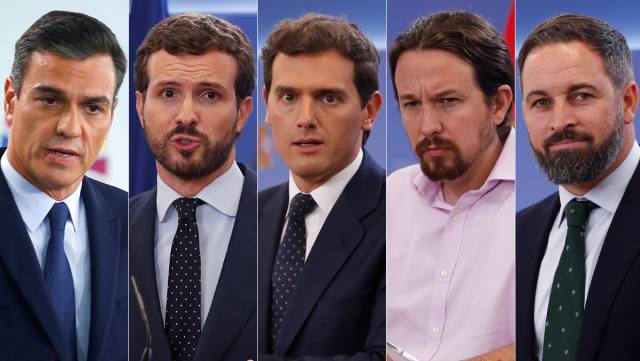De izquierda a derecha, Pedro Sánchez (PSOE), Pablo Casado (PP), Albert Rivera (ciudadanos), Pablo Iglesias (UP) y Santiago Abascal (Vox).