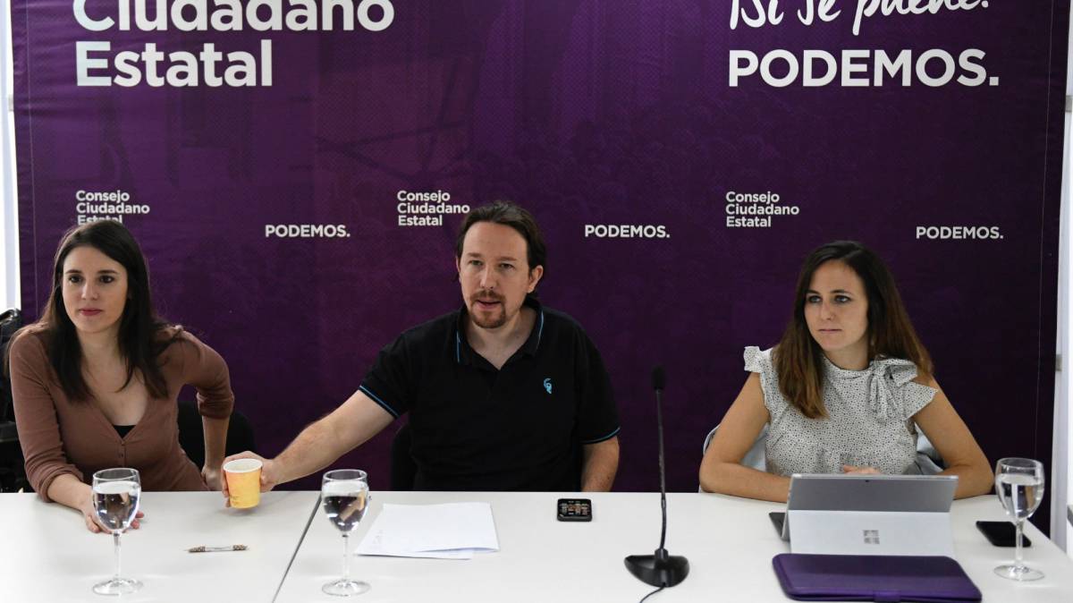 Desde la izquierda, Irene Montero, Pablo Iglesias e Ione Belarra, en el Consejo Ciudadano.