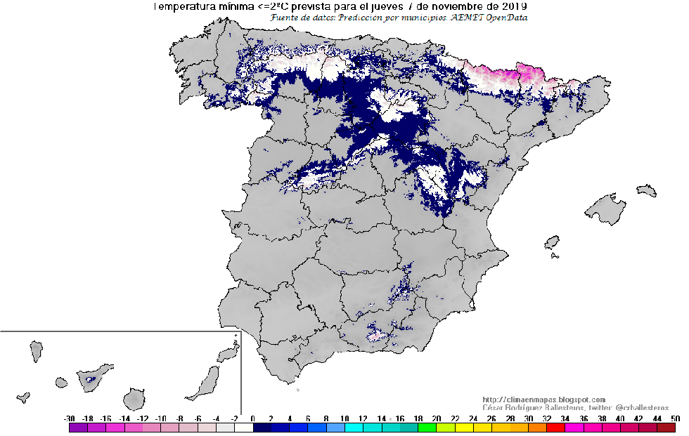 Zonas con temperatura mínima prevista menor o igual a 2ºC del viernes al miércoles.