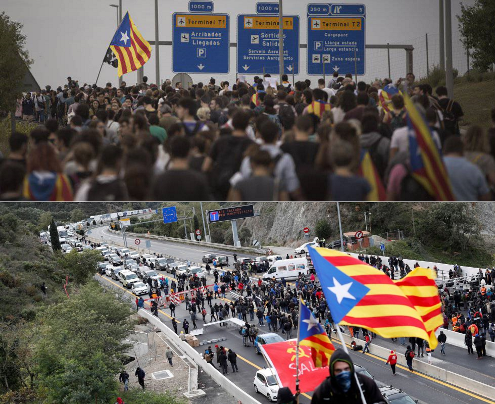 Arriba, marcha al aeropuerto del Prat. Abajo, corte de la AP-7.