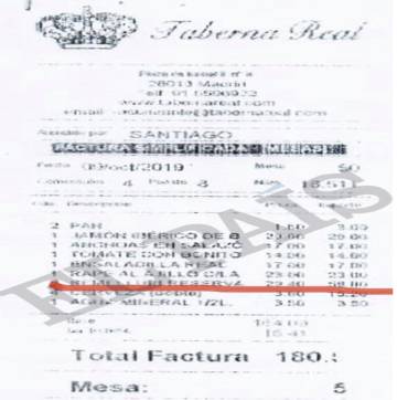 Factura de la cena del 9 de octubre en la Taberna Real de Madrid.