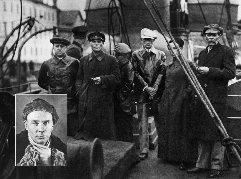 En la foto de grupo, segundo por la izquierda, el primer jefe de Solovkí, Alexandr P. Nogtev. A la derecha, el escritor Máximo Gorki en una visita al campo. En la imagen sobreimpresa abajo a la izquierda, Nogtev, años más tarde, preso en un campo de Siberia.