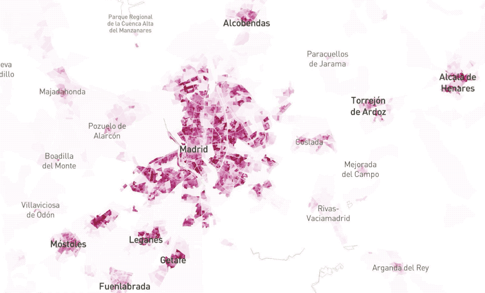 El mapa de niños (verde) y mayores (rojo).