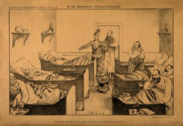 Grabado de un hospital con pacientes de 'gripe rusa'.