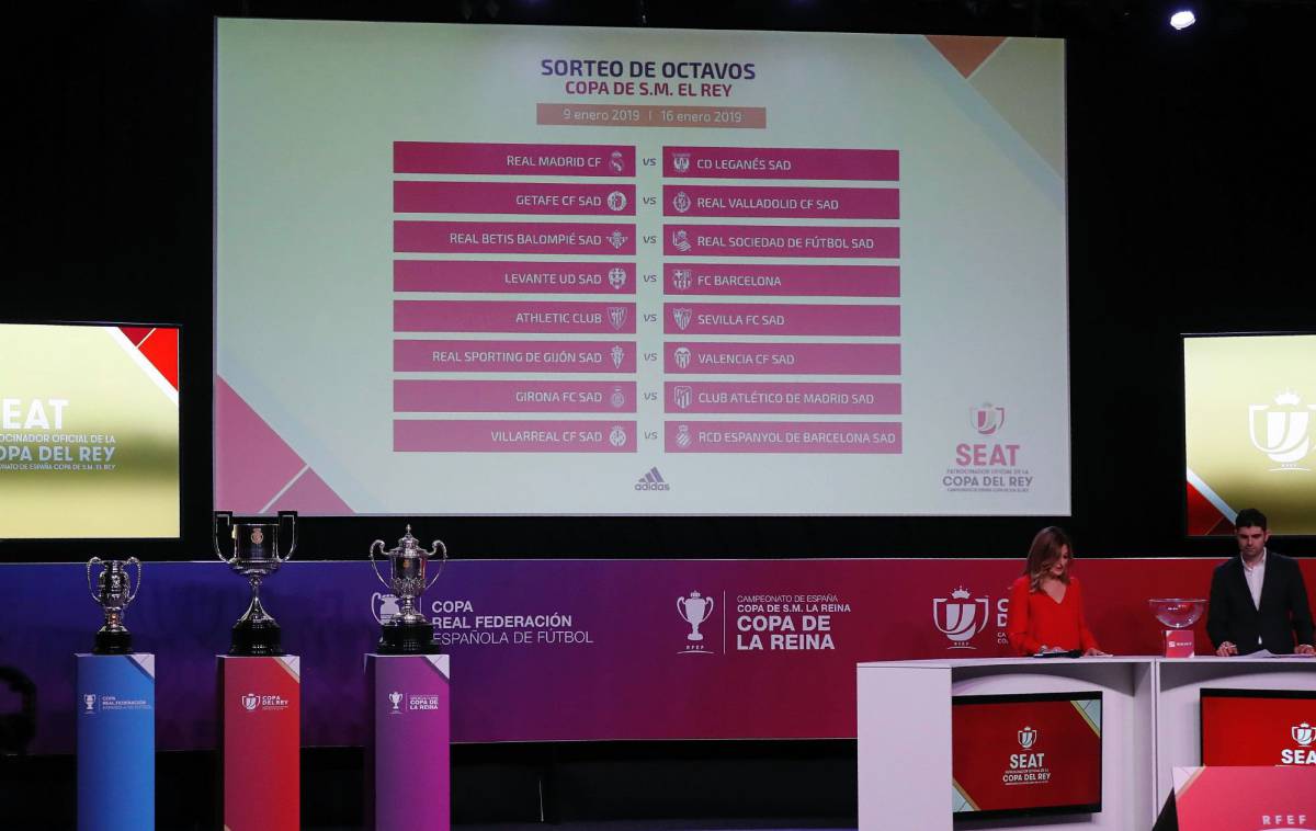 Una pantalla muestra el resultado del sorteo de octavos de final de la Copa del Rey.