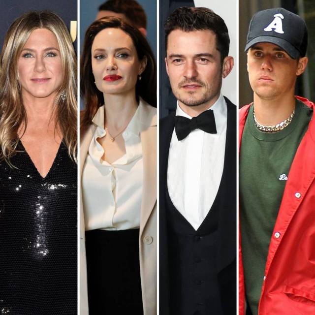 De izquierda a derecha, Jennifer Aniston, Angelina Jolie, Orlando Bloom y Justin Bieber.