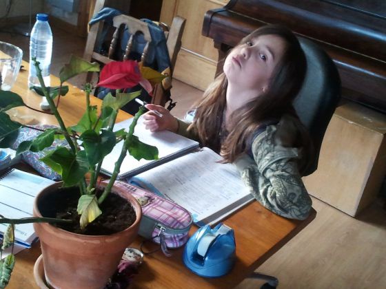 Una niña estudia en casa.