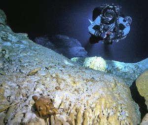 El buceador Alejando Álvarez inspeccionando el cráneo de Naia en la cueva de Yucatán.rn