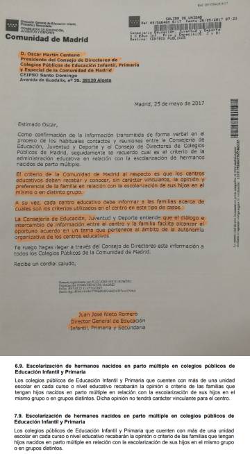 Arriba, circular a los directores de los centros madrileños de 2017 sobre la escolarización de los múltiples. Debajo, las instrucciones de dicho curso y las de este curso 2018-2019.