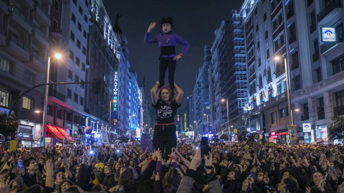 Manifestación del 8-M, en 2018, en la Gran Vía de Madrid.