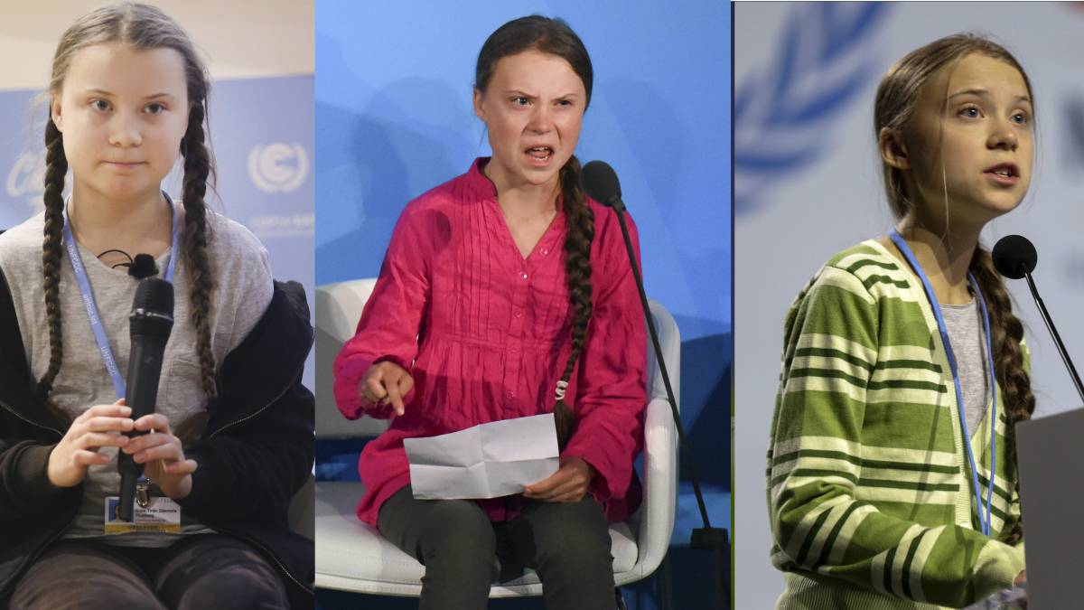 Greta Thunberg durante sus discursos en la COP24 de Katowice (2018); la sede de la ONU en Nueva York (en enero), y ayer en la COP25 de Madrid.