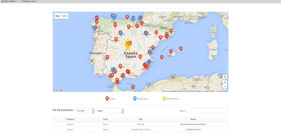 Mapa de España con las zonas prohibidas para los drones de DJI