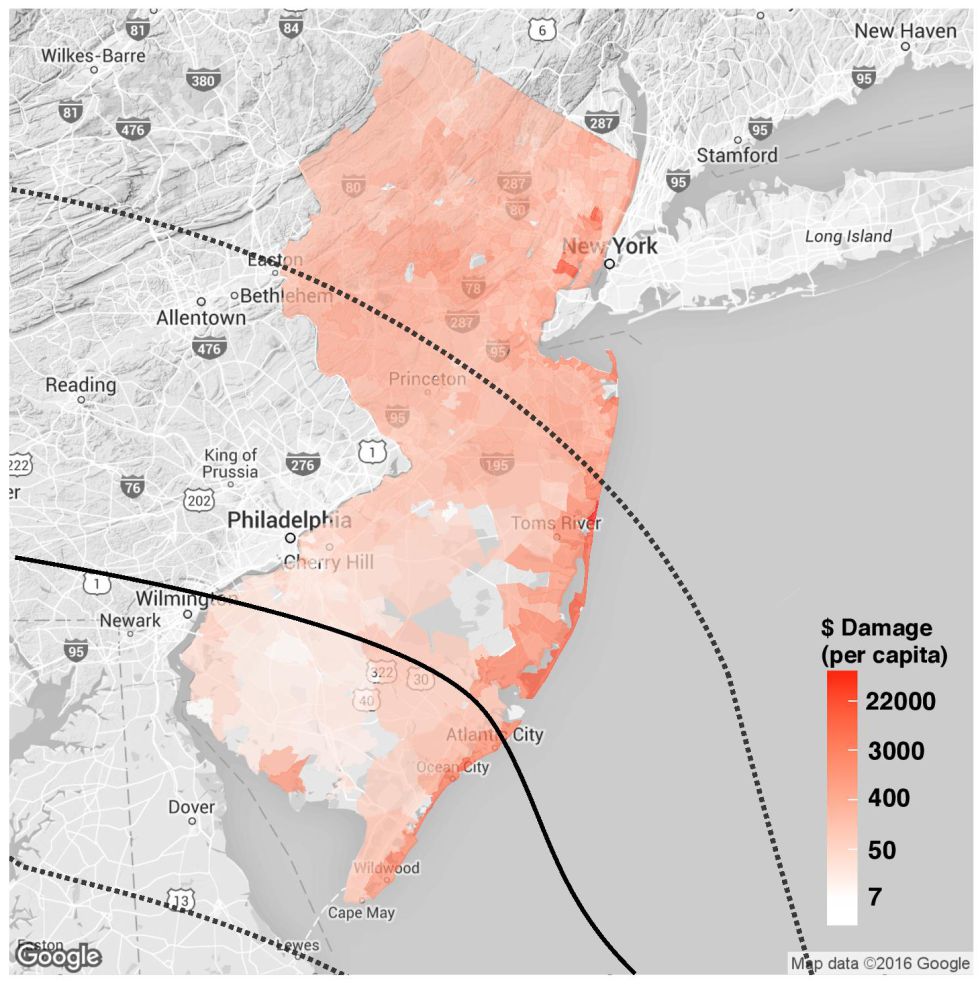 Estragos (em dólares per capita) em cada distrito.