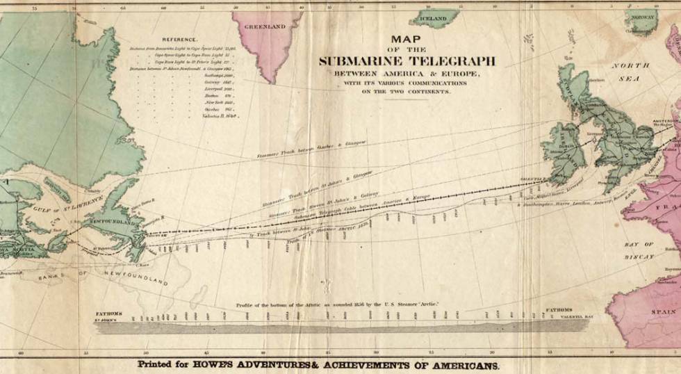 Mapa del primer cablea submarino para telégrafo que unió Europa y América en 1858. 