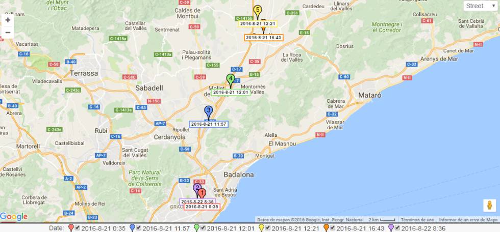 Mapa elaborado por los dos ingenieros españoles que muestra los lugares exactos en los que estuvo un usuario de Tinder a lo largo de un día.