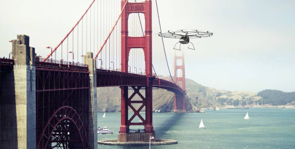 Simulação de voo de um Volocopter sobre San Francisco. Esses carros voadores já fizeram o seu primeiro voo.