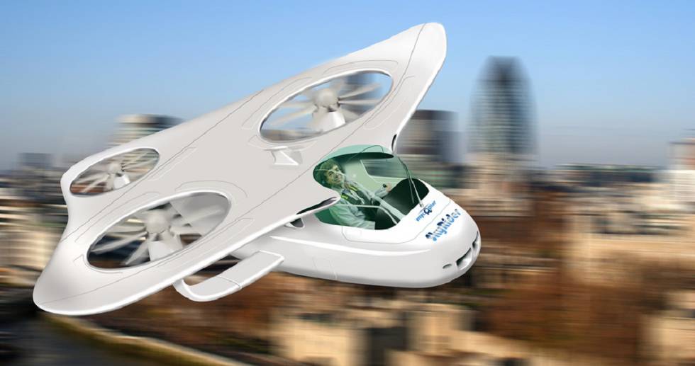 Reconstituição artística de como seria o carro voador do MyCopter.