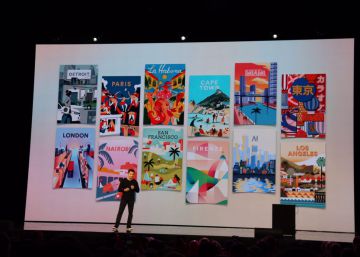 Brian Chesky en la conferencia, mostrando las experiencias locales.