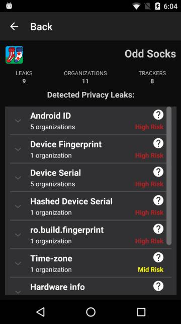 Interfaz de usuario de Lumen en la que se muestran los datos que se están filtrando y sus riesgos para la privacidad, encontrados en un juego llamado “Odd Socks” para móviles Android.