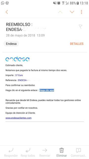 Mensaje falso en nombre de Endesa recibido por una cliente a finales del pasado mes de mayo.
