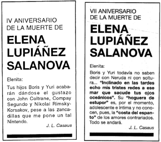 4th Anniversary of the death of Elena Lupiáñez Salanova Elenita: Your sons Boris and Yuri will end up enjoying John Coltrane, Compay Segundo and Nikolai Rimsky-Korsakov, despite the efforts of Nintendo to put the spanner in the works. J.L. Casaus
