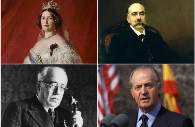 Isabel II (retratada por Franz Xaver Winterhalter), Emilio Castelar (retratado por Joaquín Sorolla), Manuel Azaña (Getty Images) y Juan Carlos I (J. Scott Applewhite, AP) Isabel II (retratada por Franz Xaver Winterhalter), Emilio Castelar (retratado por Joaquín Sorolla), Manuel Azaña (Getty Images) y Juan Carlos I (J. Scott Applewhite, AP)