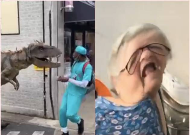 A la izquierda, un vídeo del usuario @goubtube asustando a gente disfrazado dinosaurio. A la derecha, la abuela de @fabionmz gritando que está cocinando. A la izquierda, un vídeo del usuario @goubtube asustando a gente disfrazado dinosaurio. A la derecha, la abuela de @fabionmz gritando que está cocinando.