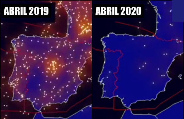 Captura de pantalla de una de las animaciones publicadas por Eurocontrol, que compara el tráfico aéreo entre un lunes de 2019 y otro de 2020 Captura de pantalla de una de las animaciones publicadas por Eurocontrol, que compara el tráfico aéreo entre un lunes de 2019 y otro de 2020