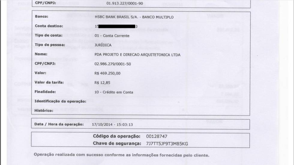 Comprovante bancário de repasse à PDA Projeto, uma empresa do coronel Lima, que empreiteiro disse ser destinado a Temer