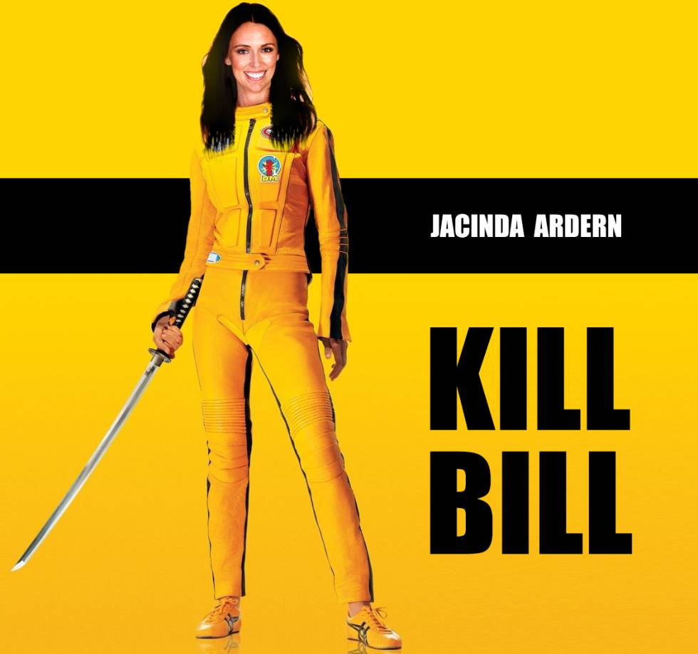 Jacinda Ardern caracterizada como Uma Thurman em ‘Kill Bill’.