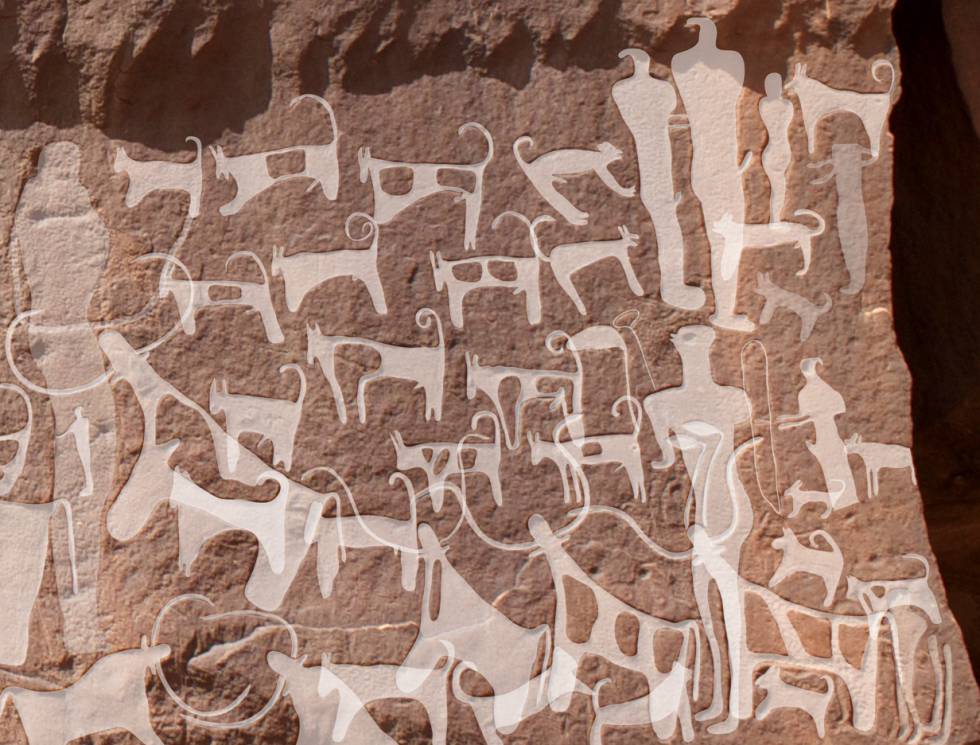 Entalhes de cachorros e humanos datados de 8.0009.000 anos na Arábia Saudita.