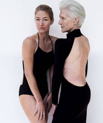 Irwin, com um maiô Alberta Ferretti, e Musk, com um vestido Monica Cordera.