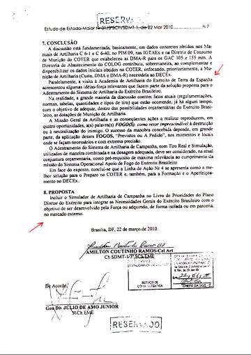 Parte do documento que trata da necessidade de um simulador de artilharia brasileiro, e a menÃ§Ã£o Ã  visita ao simulador espanhol.