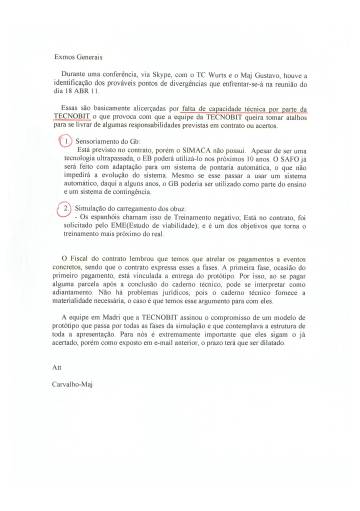 E-mail do major Carvalho tratando da âfalta de capacidade tÃ©cnica por parte da Tecnobitâ (grifos da fonte).