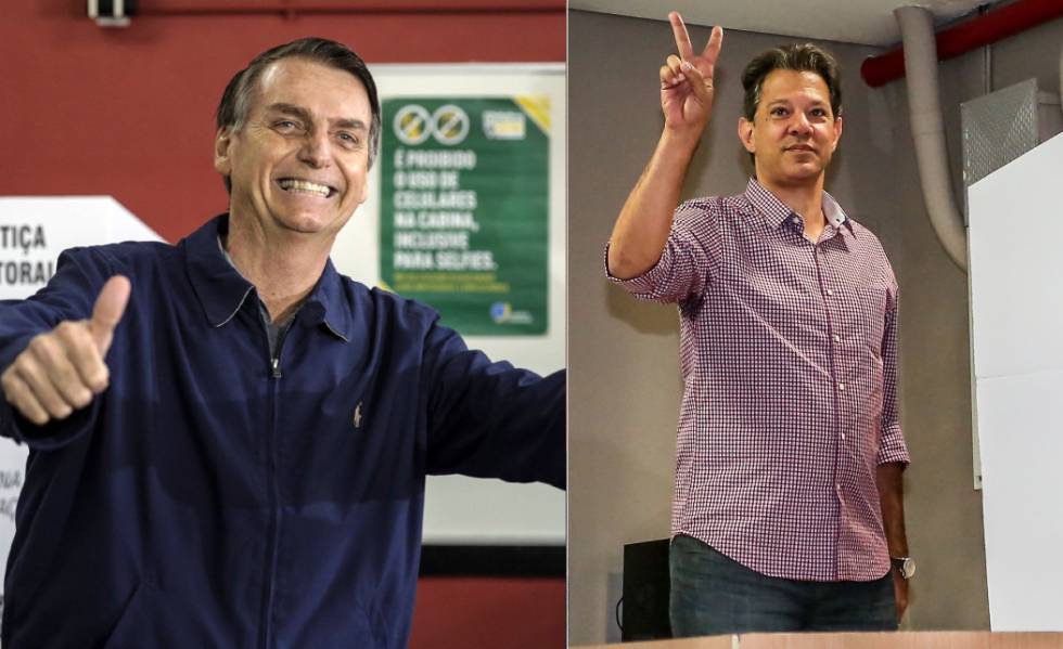 Bolsonaro e Haddad apÃ³s votarem neste domingo.