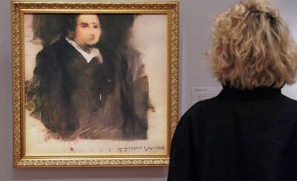 Uma mulher diante do 'Portrait dâ€™Ã‰douard Belamy', criado por um algoritmo, na sala Christieâ€™s de Nova York.