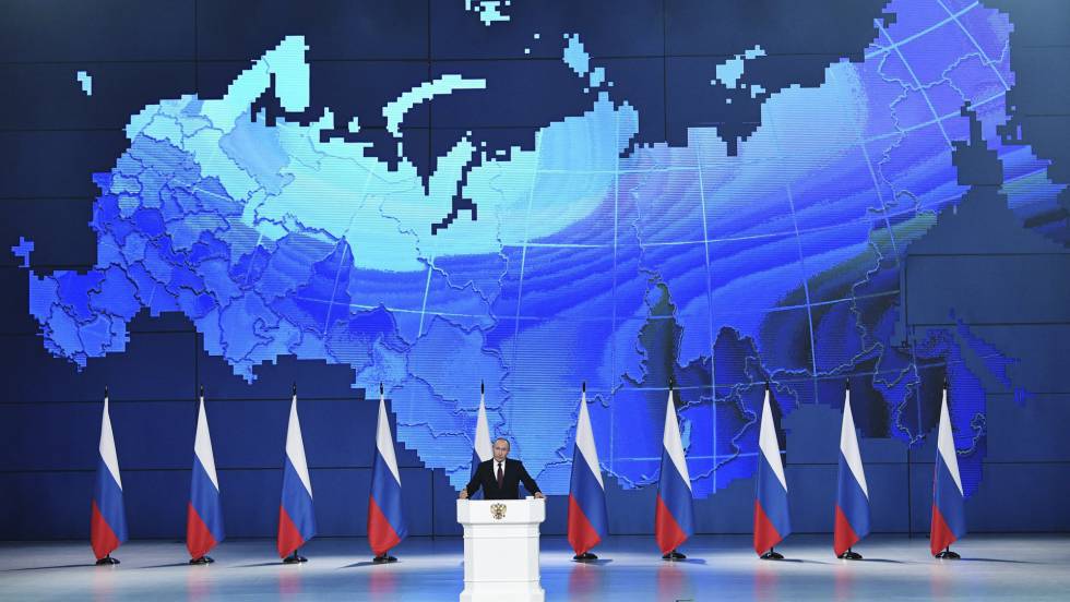 O presidente russo VladÃ­mir Putin em seu discurso do estado da naÃ§Ã£o