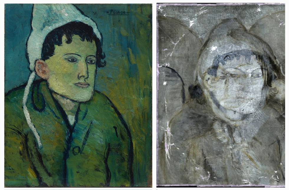 'Dona amb còfia', de Picasso, i la seva imatge en reflectografia, en la qual es veu la imatge que hi ha a sota.