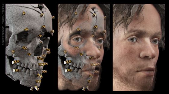 La imagen muestra la reconstrucciÃ³n facial realizada de un crÃ¡neo con medios similares a los de la policÃ­a forense.