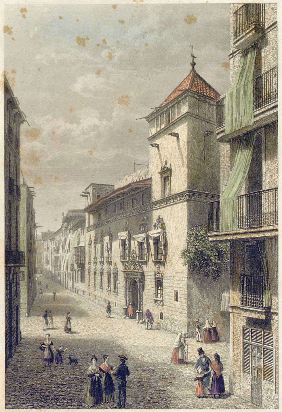 La desaparecida casa Gralla, en un aguafuerte de 1842 de Antoni Roca.