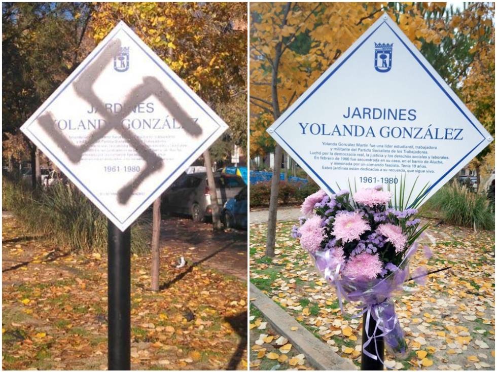La placa en homenaje a Yolanda, vandalizada y restaurada.