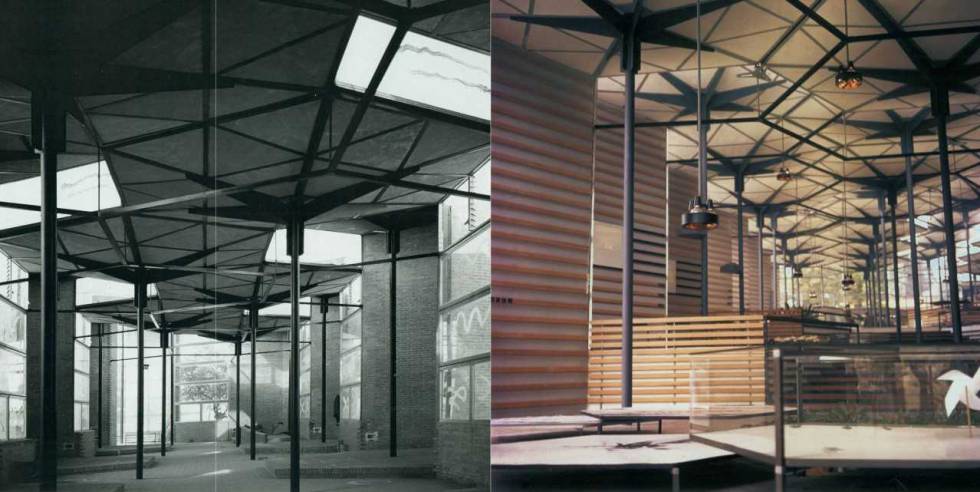 En blanco y negro, el Pabellón de los hexágonos en 1958. A la derecha, una recreación del futuro diseño del espacio en el proyecto de restauración.