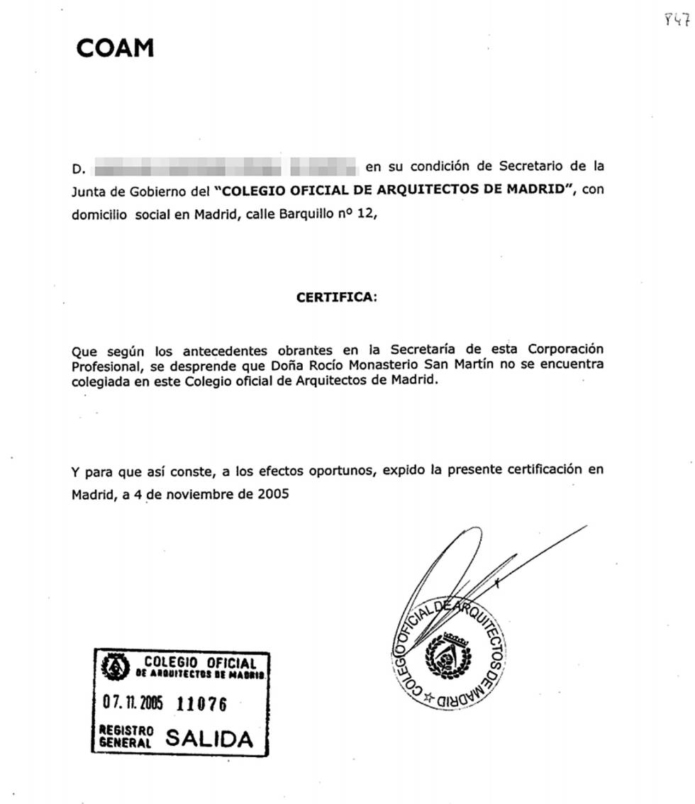 Carta del COAM de 2005 que certifica que Rocío Monasterio no era colegiada en aquella época.