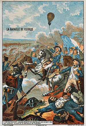 IlustraciÃ³n de la batalla de Fleurus, en 1794, con el globo L'Entrepenant al fondo.