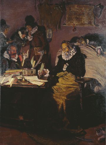 Cervantes escribiendo la dedicatoria de su obra al Conde de Lemos (Muñoz Degraín, 1916). Cervantes escribiendo la dedicatoria de su obra al Conde de Lemos (Muñoz Degraín, 1916).