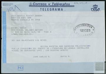 Telegrama de felicitación de los reyes por el Cervantes, en 1993.