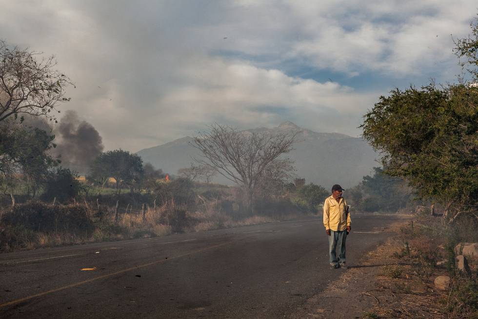Campesinos queman caña de azucar antes de la recogida en el sur de Jalisco