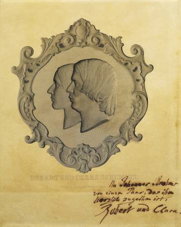 Retrato de Clara y Robert Schumann con una dedicatoria de Johannes Brahms. 